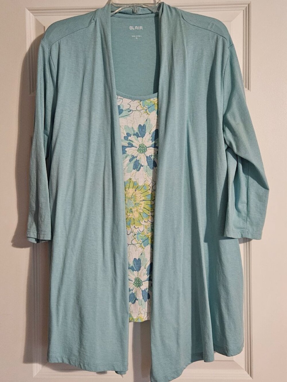 Blair 2-in-1 Layered Top Women's XL Aqua Blue Floral Open Front Cardigan Look